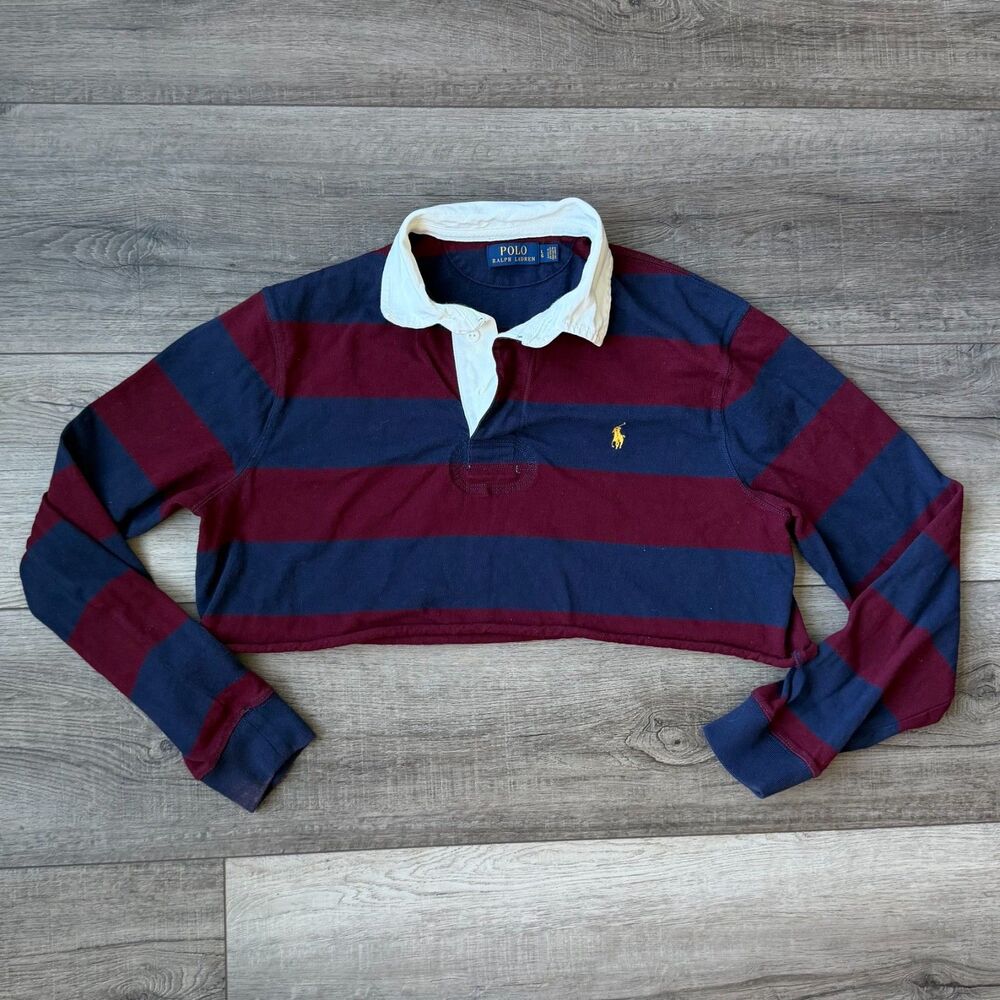Polo Ralph Lauren Rugby Cropped Striped Long Sleeve Top Pony Large Womens